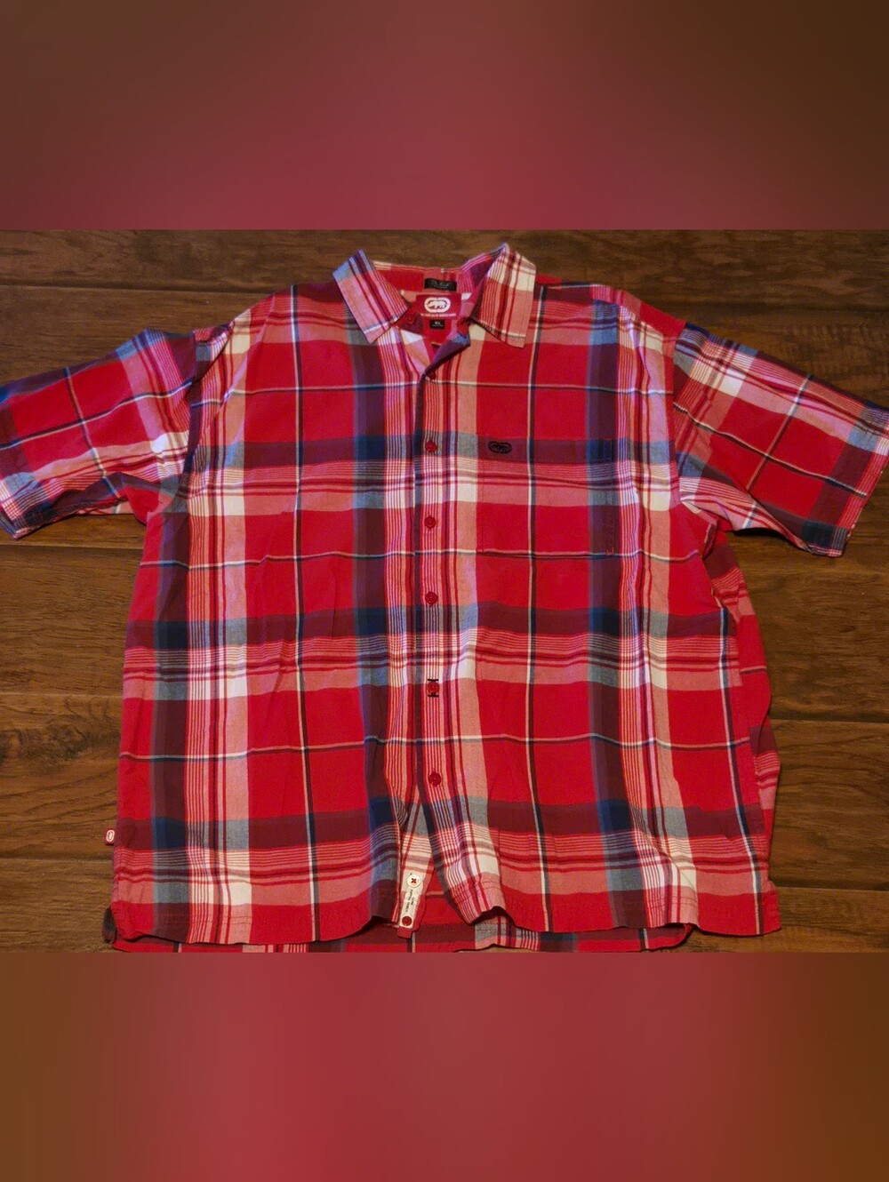 The Ecko Unltd Woven Red Plaid Button Down Shirt "The Knute" 100% Cotton XL